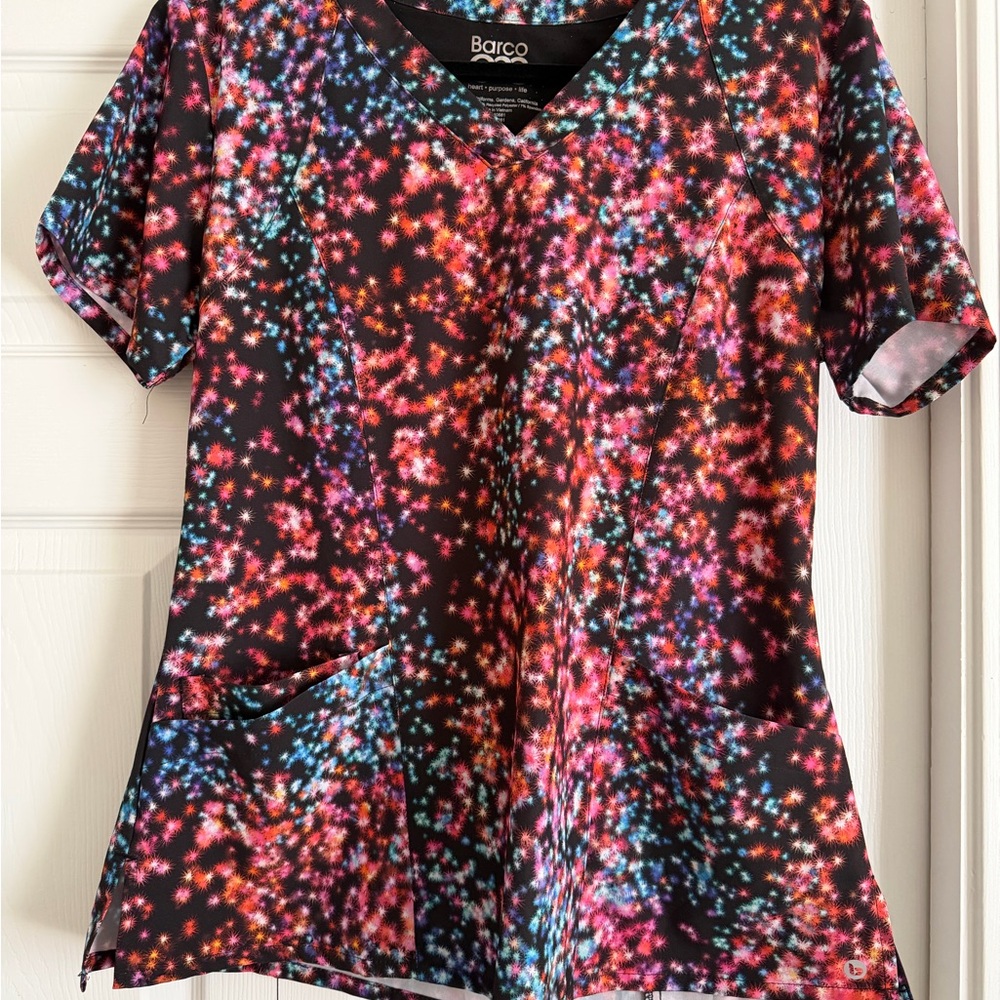 Barco Women's V-Neck Scrub Top in Multicolor Star Print